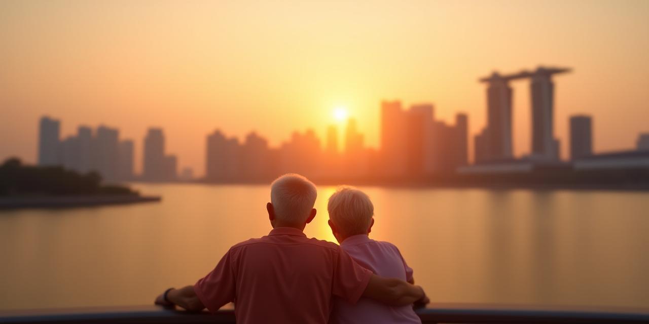 年长夫妇在滨海湾远眺夕阳,象征安心退休生活